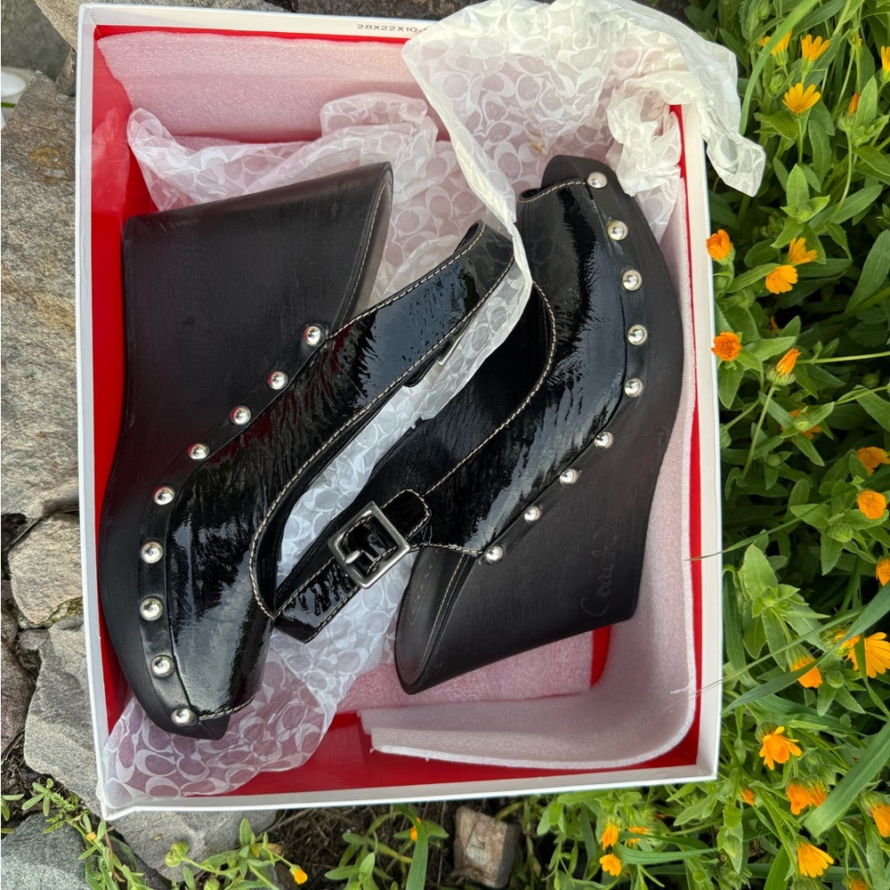Coach Black Patent Leather Wedges with Metallic Studs